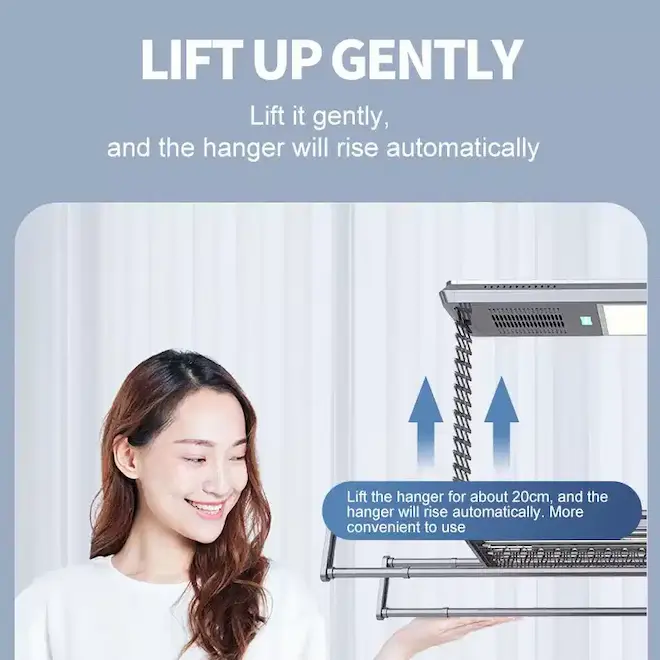 Motorised clothes hanger lifts wet laundry